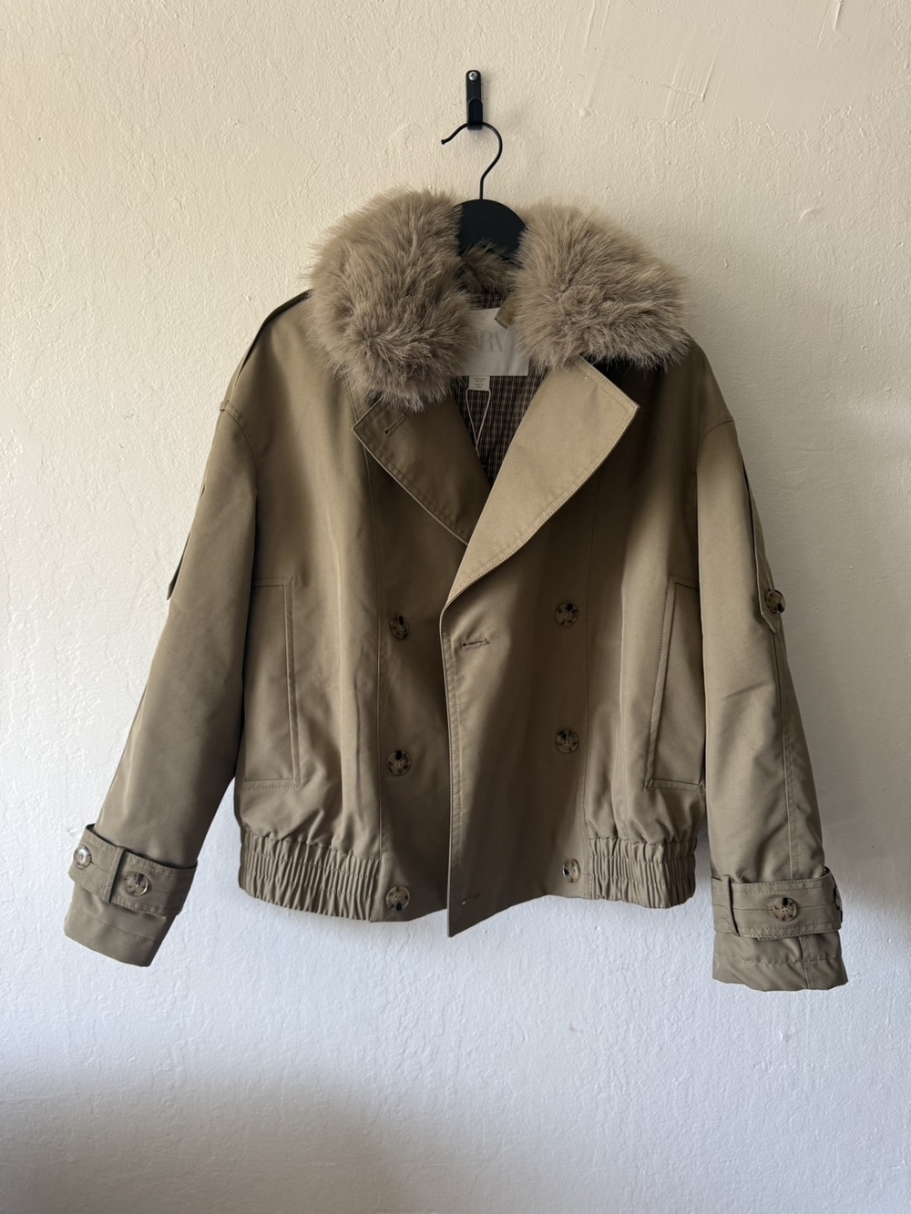 Zara Taupe Trench Coat with Faux Fur Trim